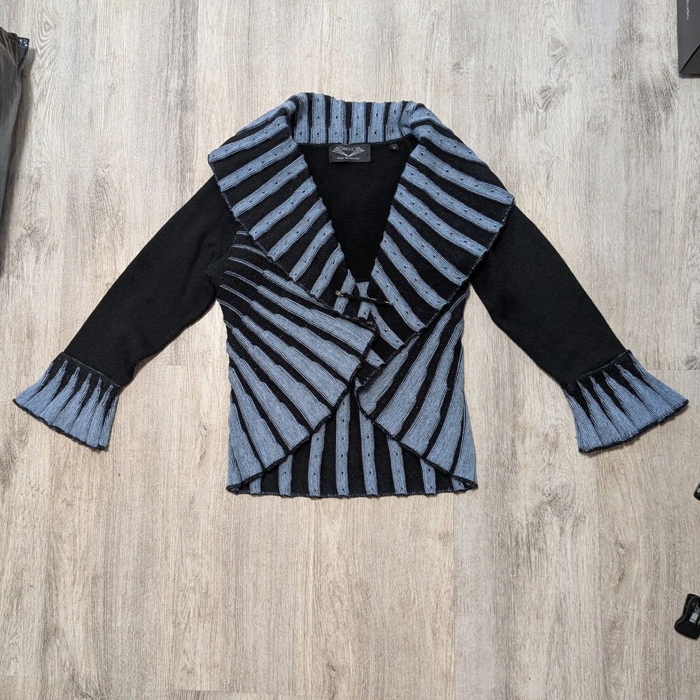 Angel Design Whimsigoth‎ Striped Shawl Collar Cardigan Merino Wool Blue Black  M